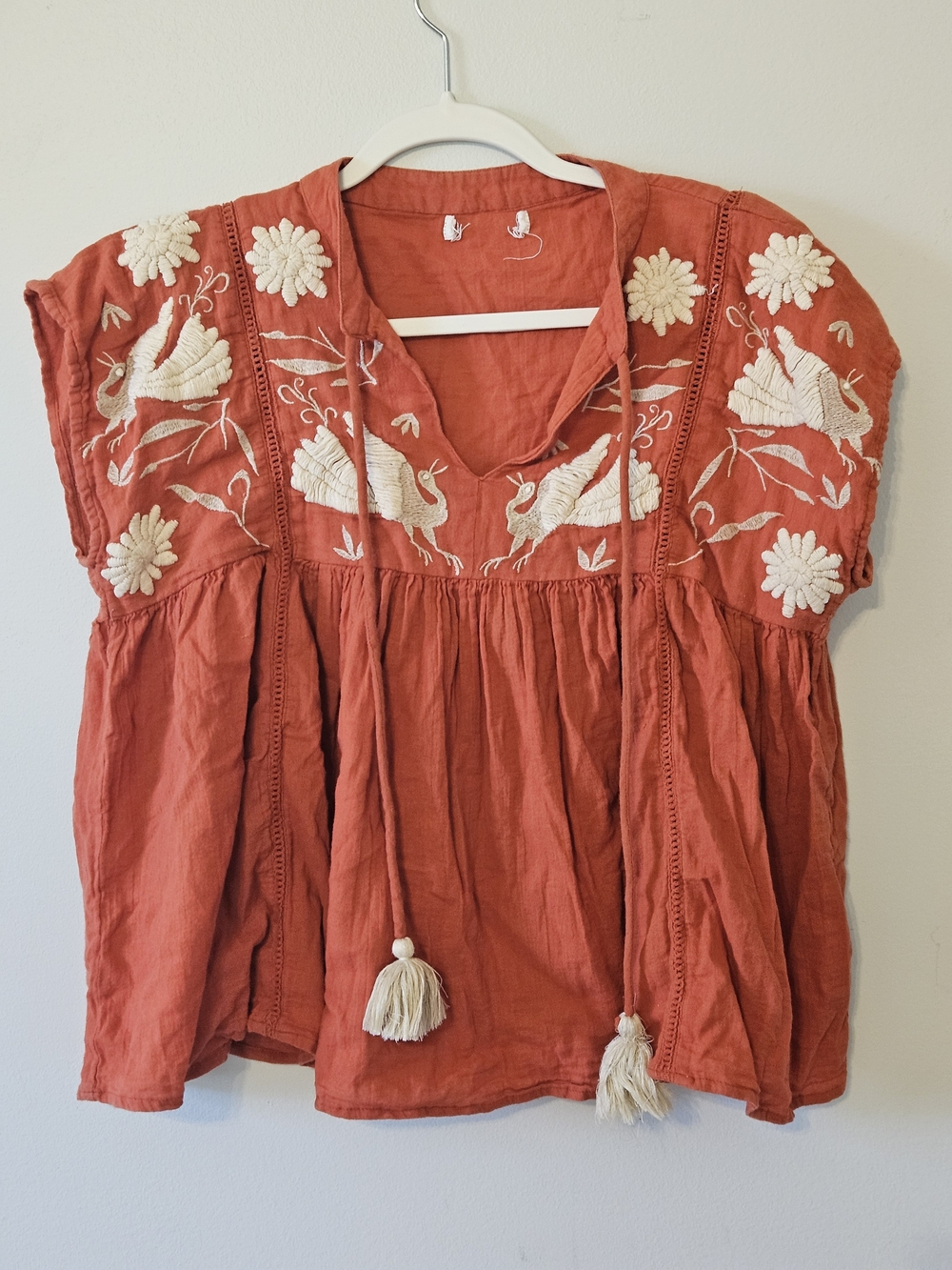 Orange Cotton Embroidered Womens Top With Tassel Tie - Picture 2 of 5